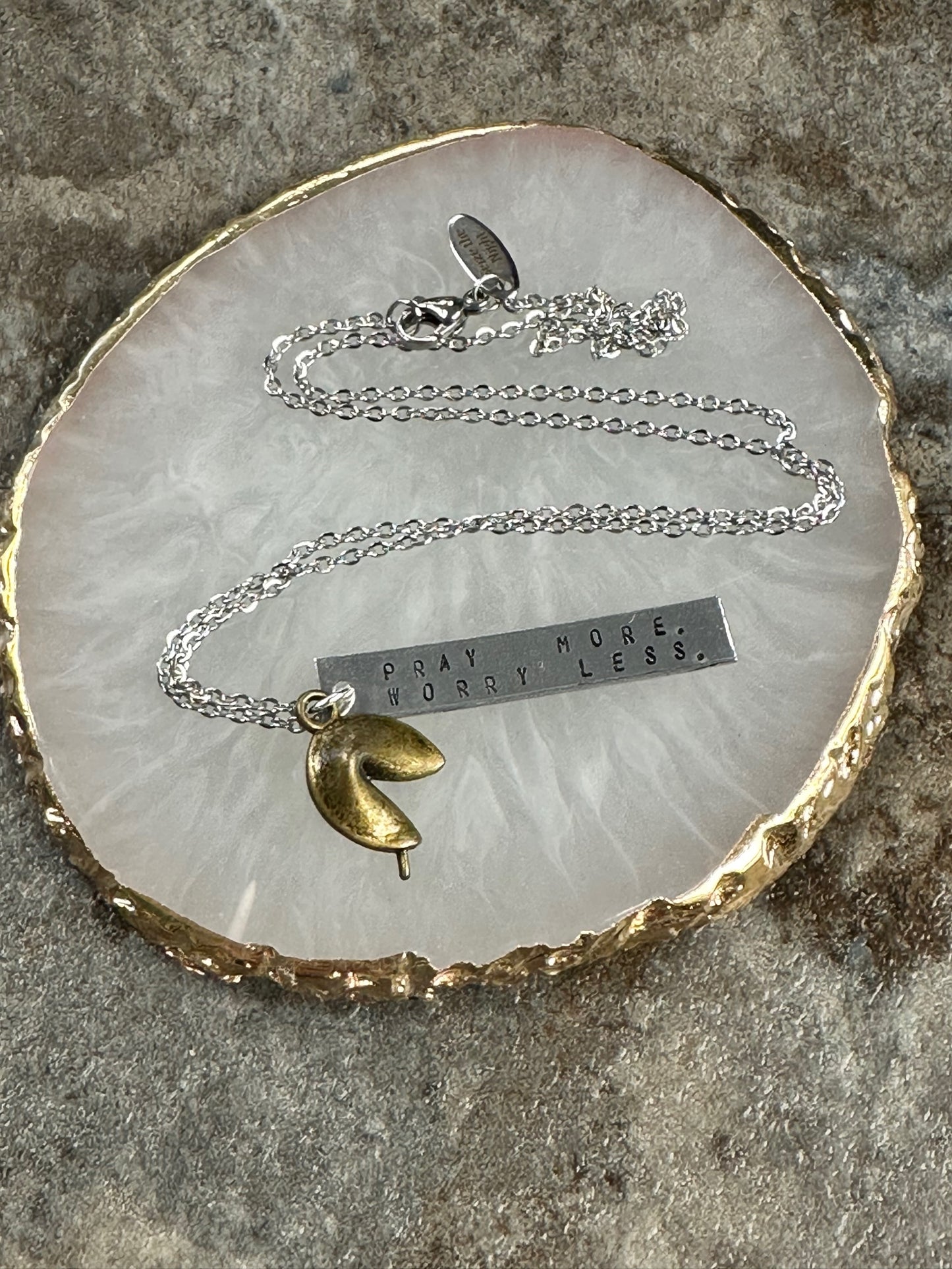 Pray More, Worry Less Fortune Cookie Hand Stamped Necklace