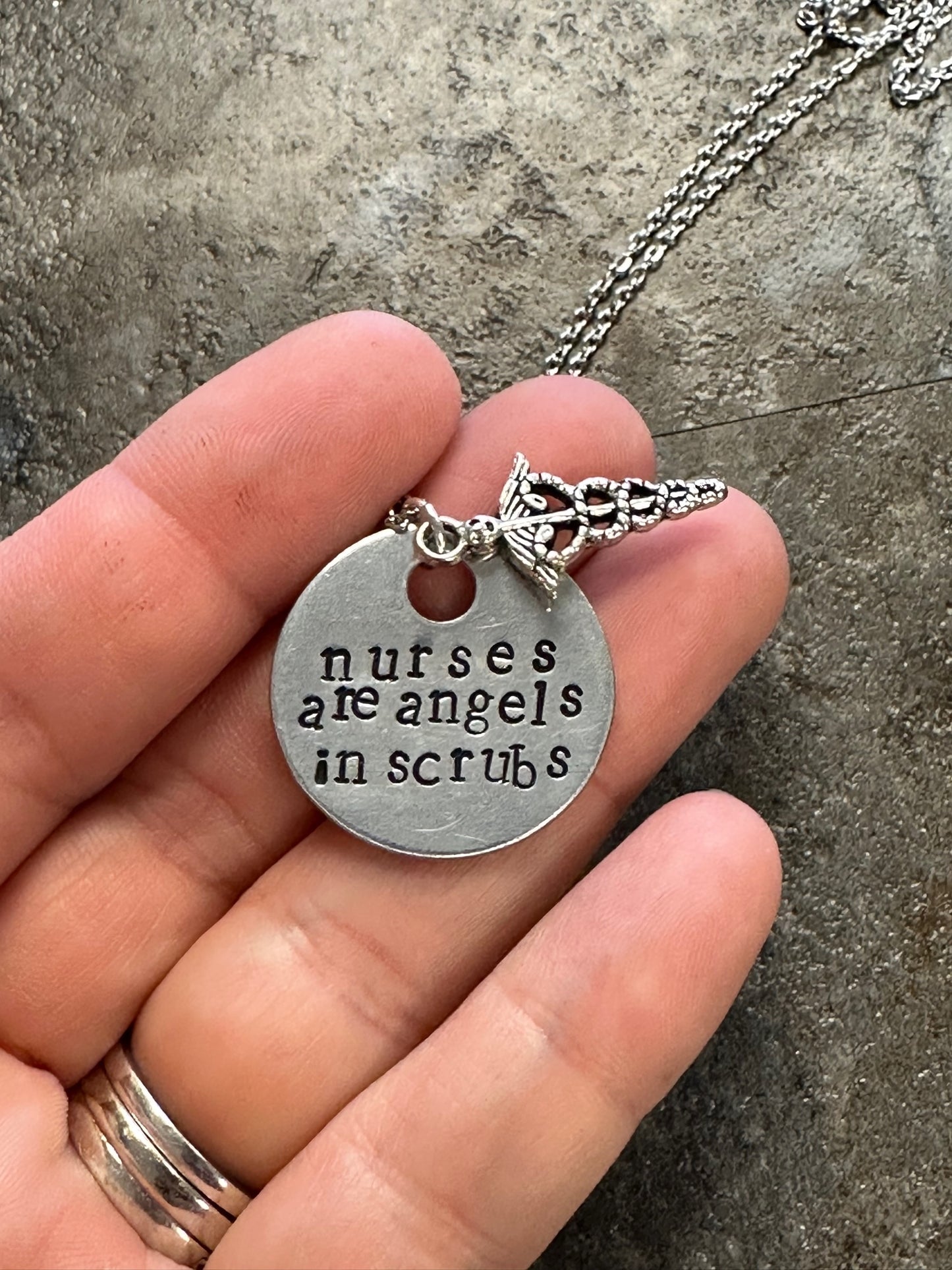 Nurses Are Angels in Scrubs Hand Stamped Necklace