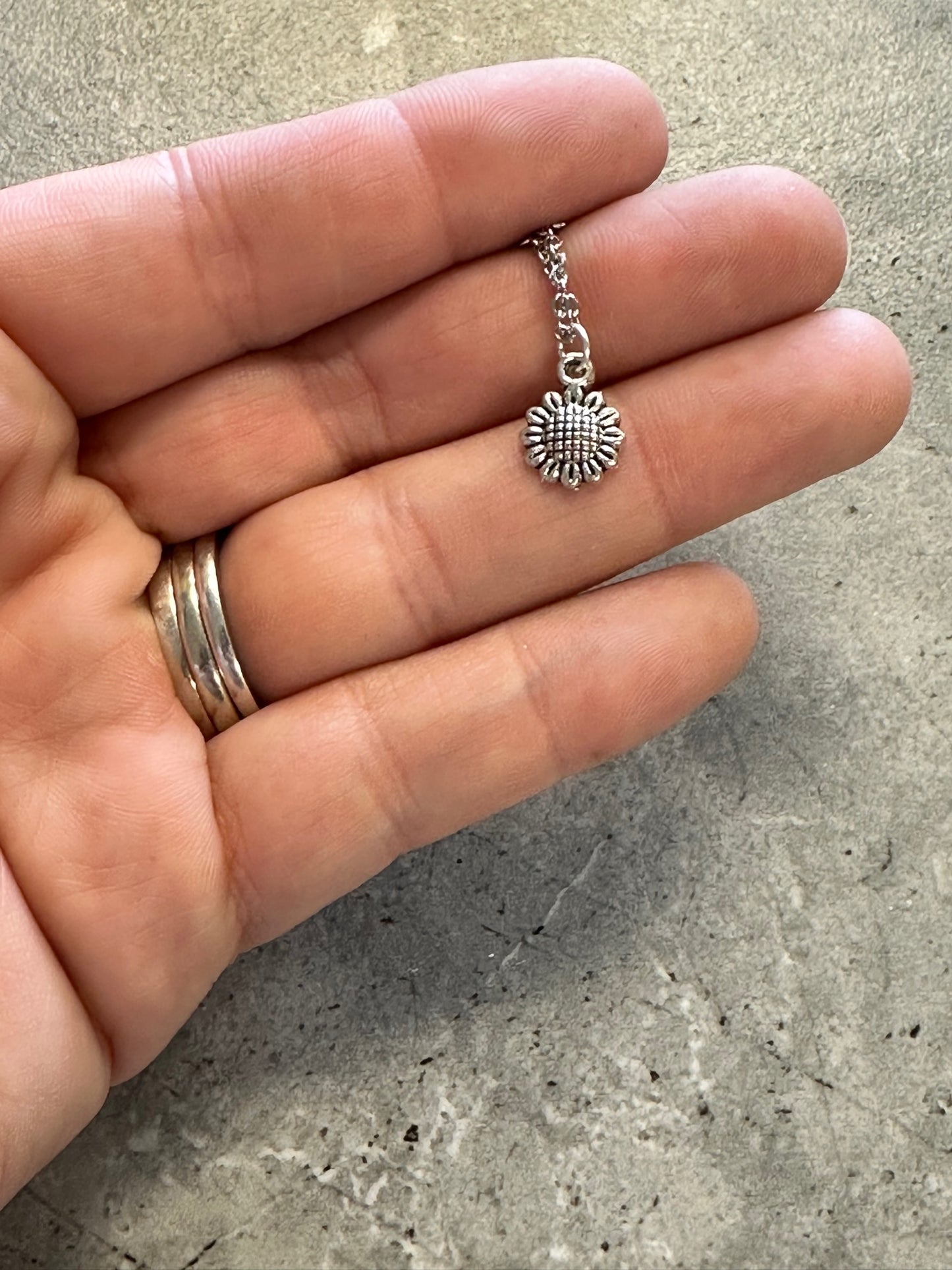 Small Silver Sunflower Charm Necklace