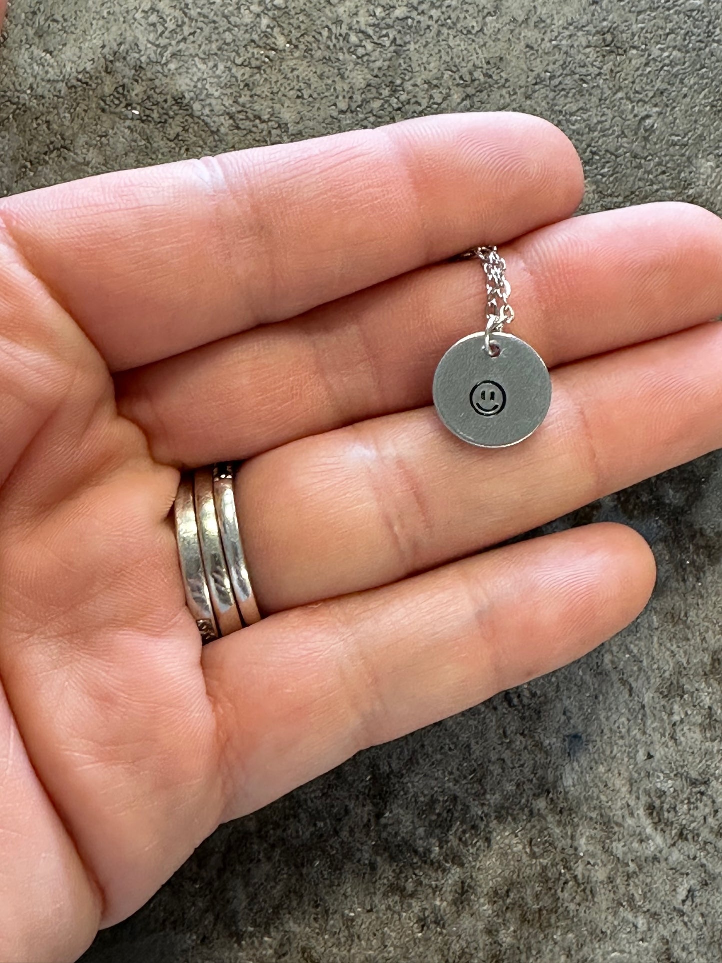 Smiley Face Tiny Disc Hand Stamped Necklace