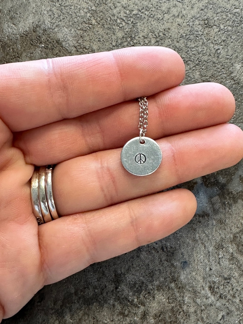 Peace Sign Tiny Disc Hand Stamped Necklace