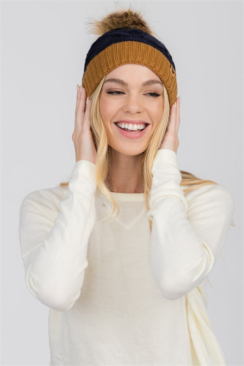 Colorblock Fleece Lined Pom Beanie