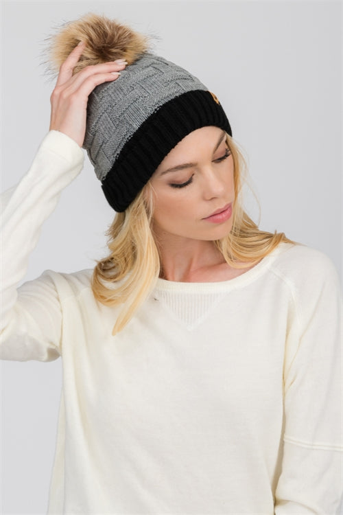 Colorblock Fleece Lined Pom Beanie