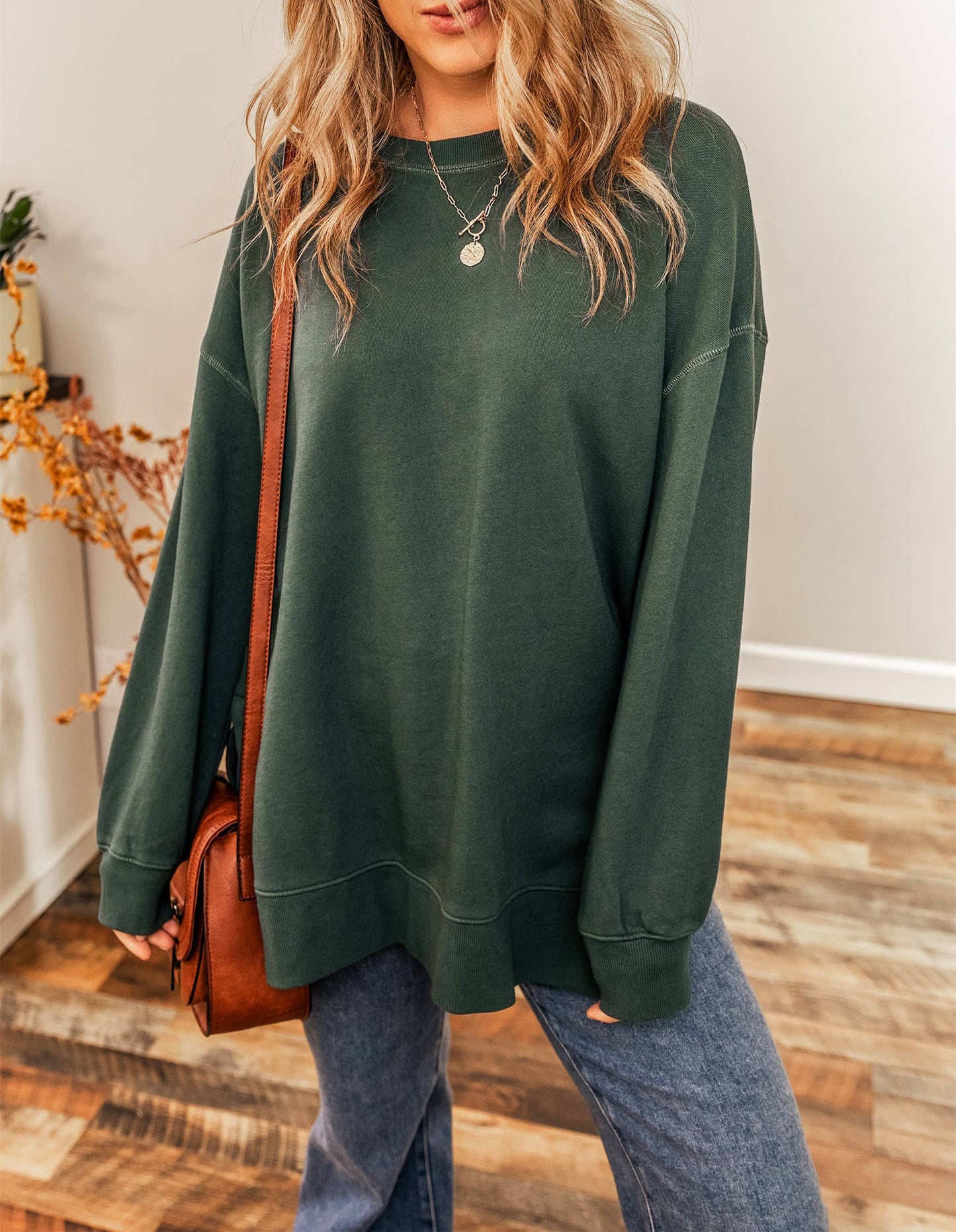 Drop Shoulder Split Hem Hunter Green Sweatshirt