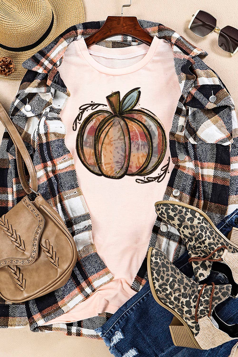 Sale - Pink Pumpkin Graphic Print Crew Neck T Shirt